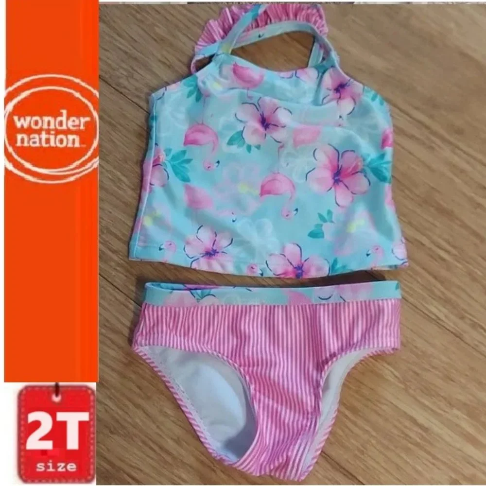 🎁 10/$25 - 2T Flamingo tankini, stripes, teal and pink
